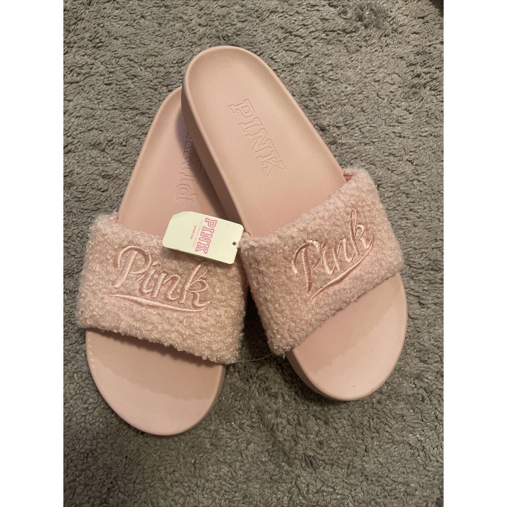 Victoria's Secret PINK Sherpa Single Slides Slipper Flip Flop Large NWT